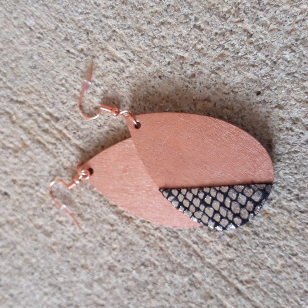 Wood/ Teardrop Statement Earrings w/ Exotic Print Faux Leather Detail - Picture 8 of 8